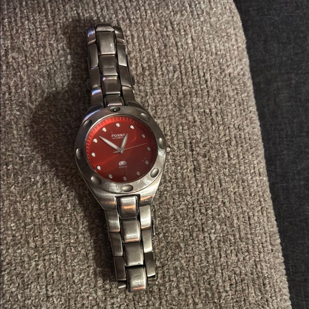 Fossil Red Dial Silver Watch